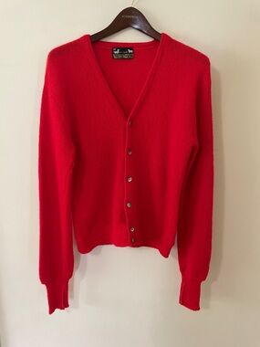 Vintage 1950-1960s Alpaca Wool Red V-Neck Button-Front Cardigan